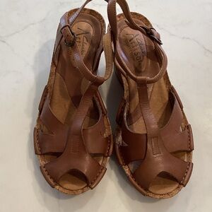 Clarks Brown Leather T-Strap Cork Wedge Sandals